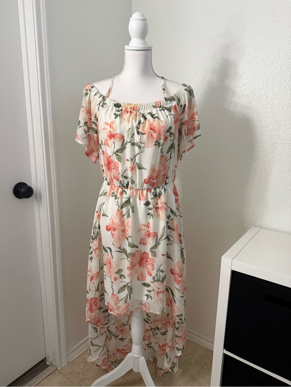 AUW Peach Floral Off-Shoulder High-Low Dress